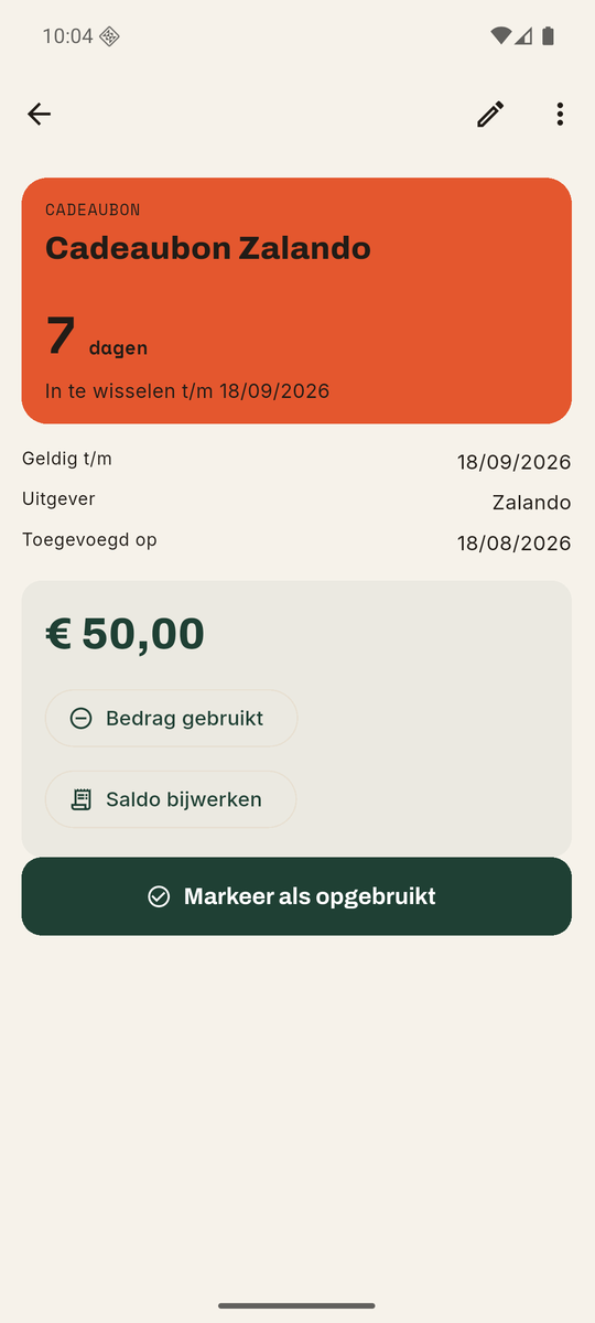 Detail van een cadeaubon van Zalando met 7 dagen te gaan en een saldo van 50 euro