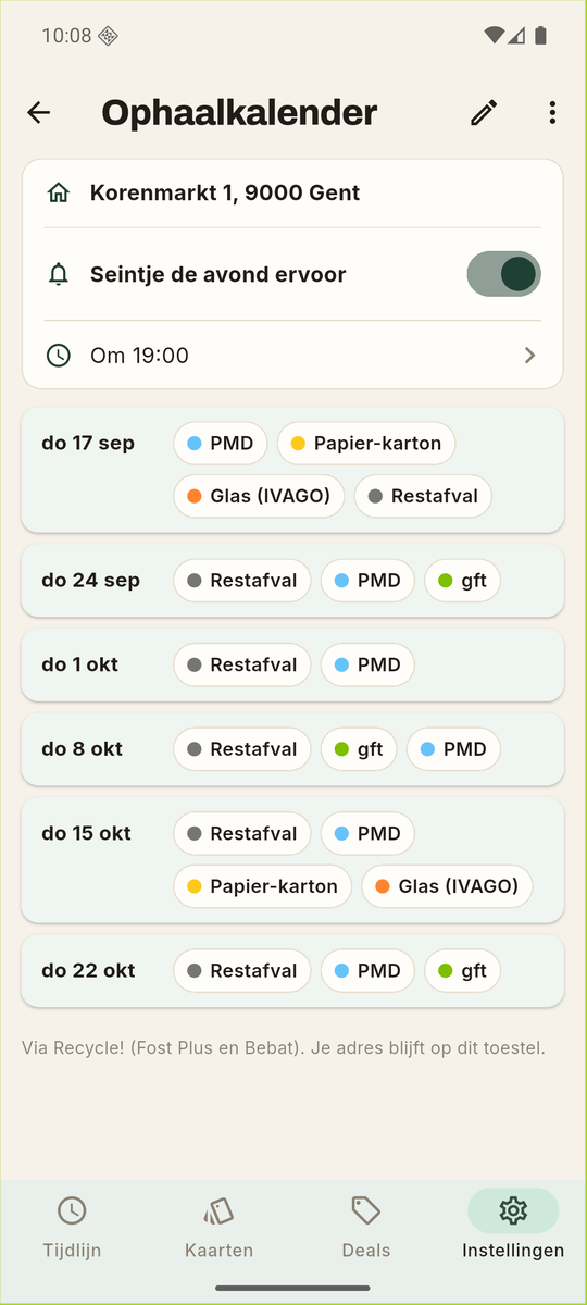 De ophaalkalender van Tsjek met PMD, papier-karton, glas en restafval per dag