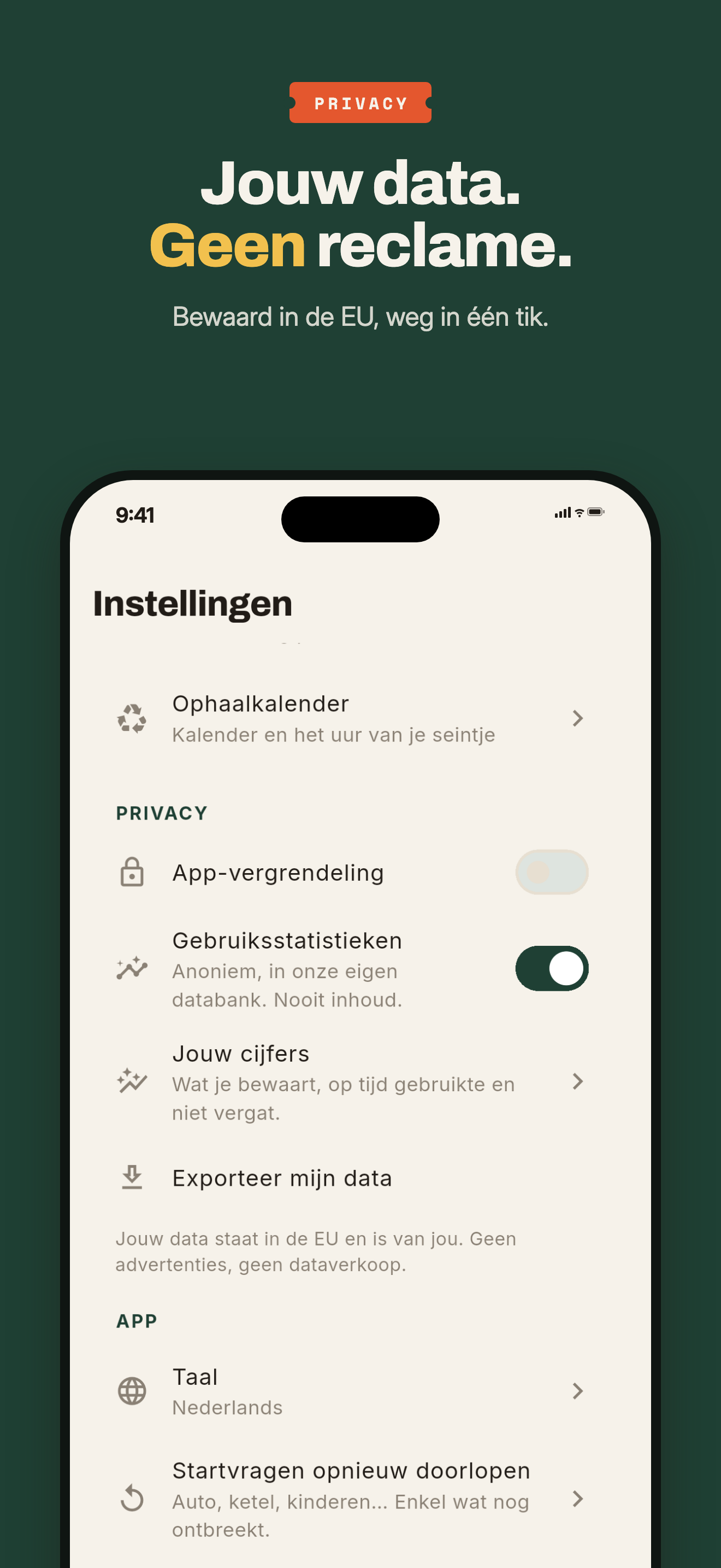 Instellingenscherm van Tsjek met data in de EU en geen advertenties