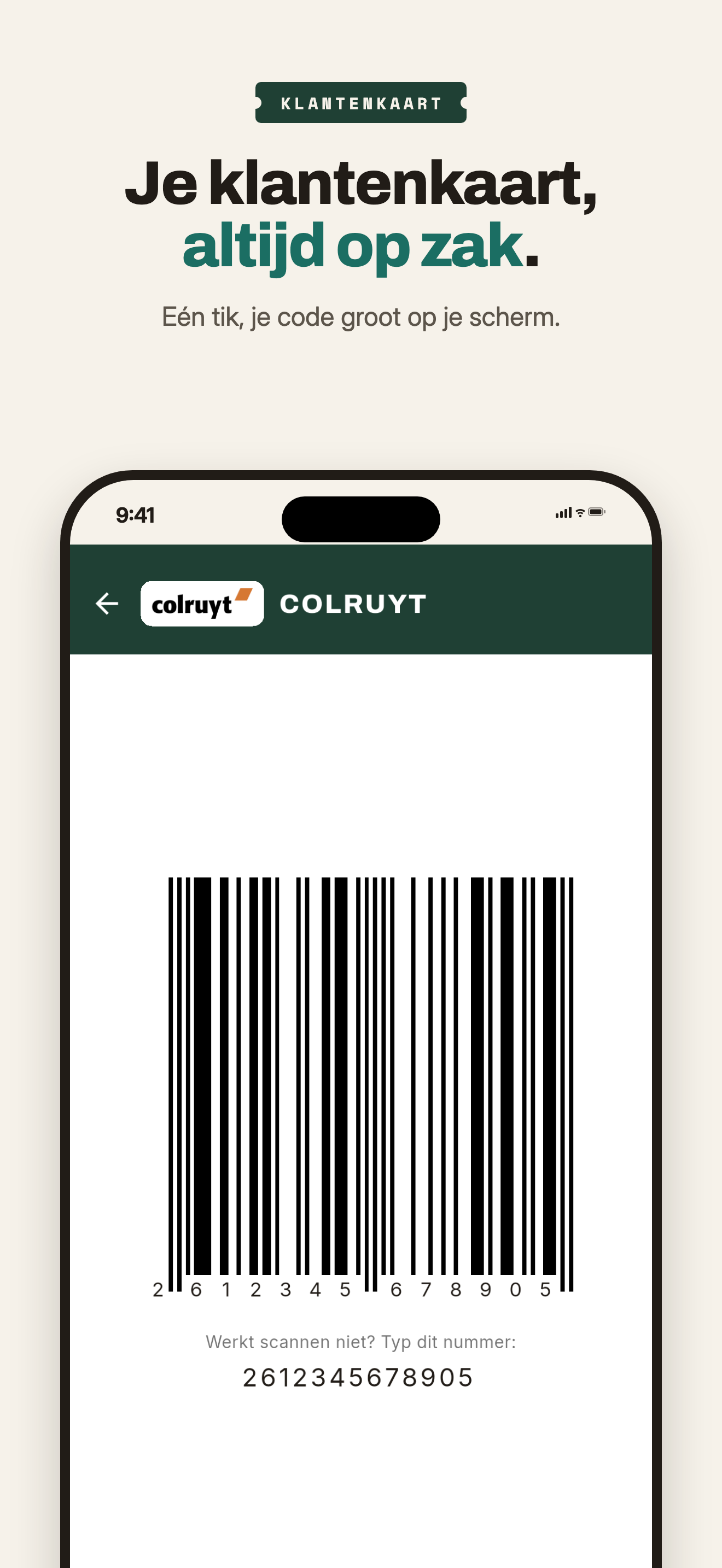 Klantenkaart van Colruyt met de barcode fullscreen aan de kassa
